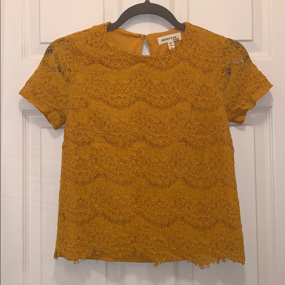 Monteau Mustard Lace Short-Sleeve Top